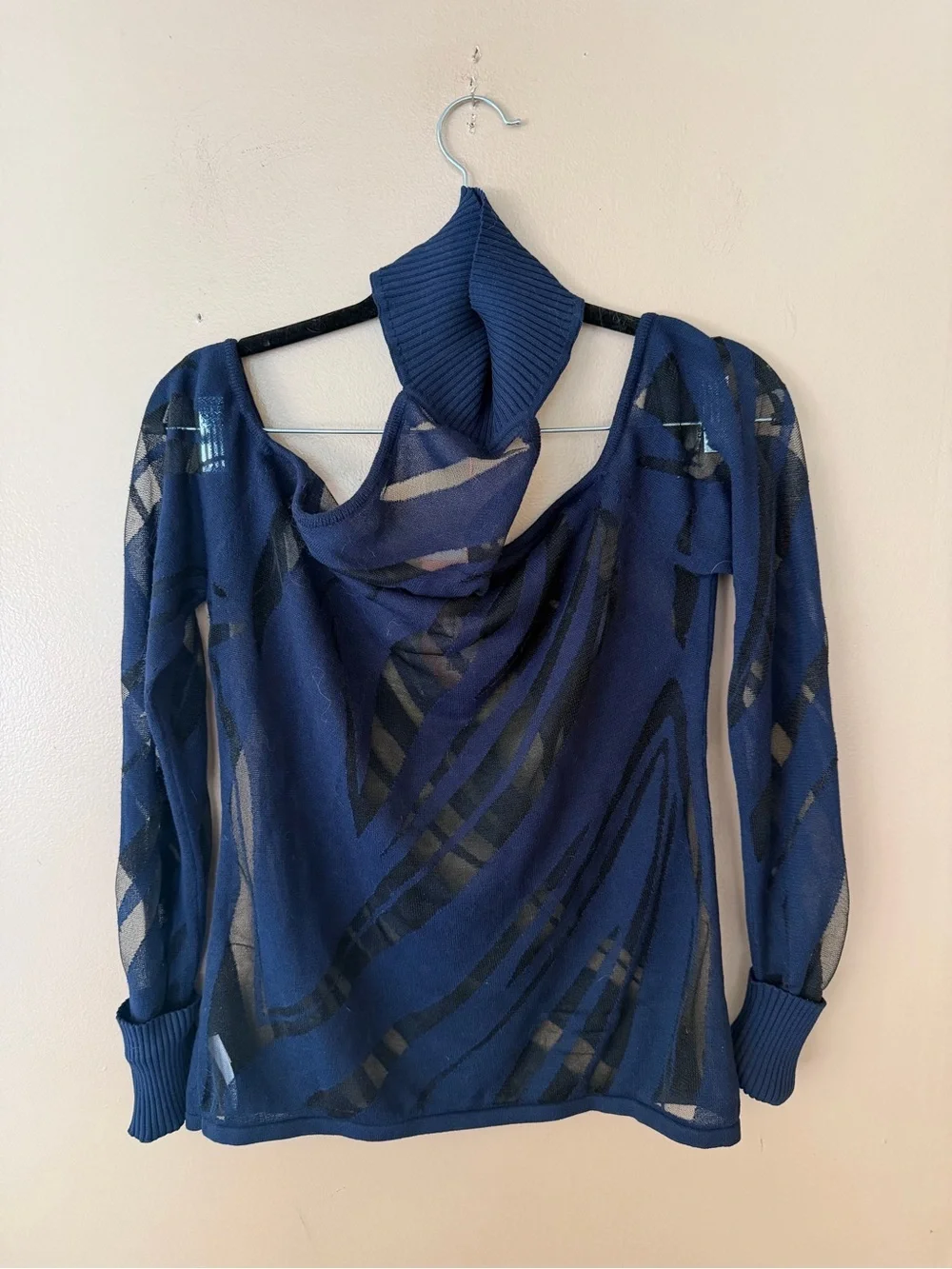 Cult Gaia Tracie knit top sheer navy off shoulder print $350 sz L